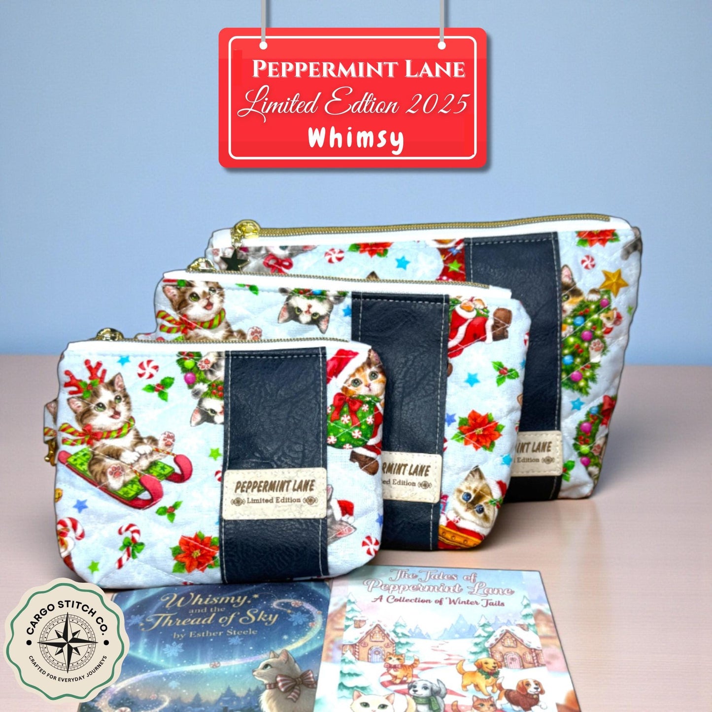 Quilted Cat Cosmetic Pouch – Peppermint Lane Limited Edition 2025 – Vinyl Holiday Pouch – Collector Set Story Zine – Christmas Gift Bundle