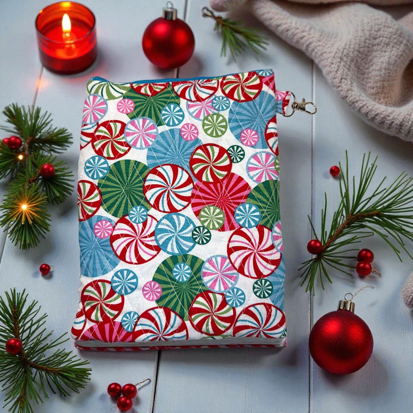 Quilted Kindle Sleeve 7×10 – Peppermint Lane Holiday – Padded Tablet Case & E-Reader Cover with Zipper Pocket