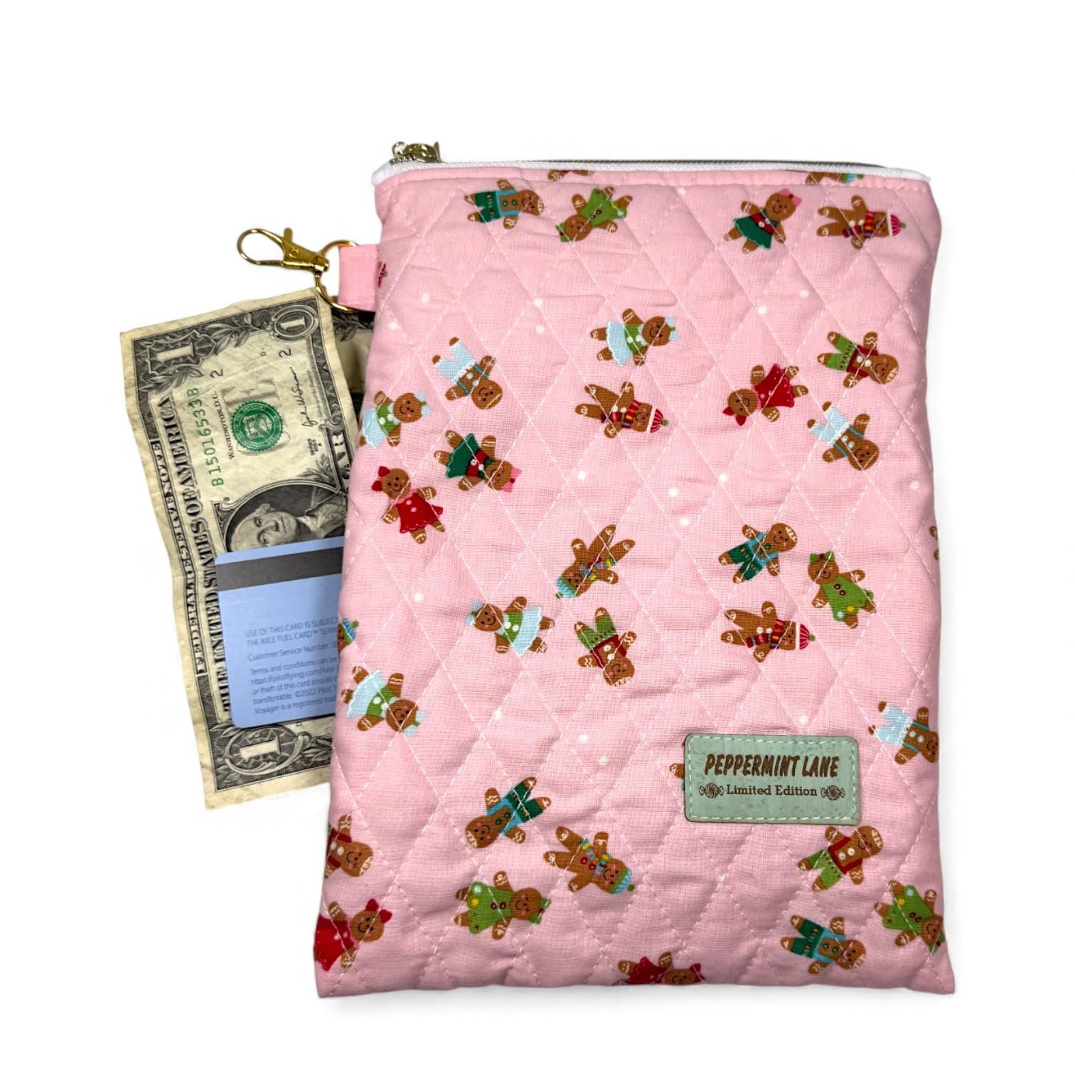 Quilted Tablet Sleeve 7×10 – Pink Gingerbread – Peppermint Lane – Padded iPad Mini & Kindle Case with Gold Zipper Interior Pocket