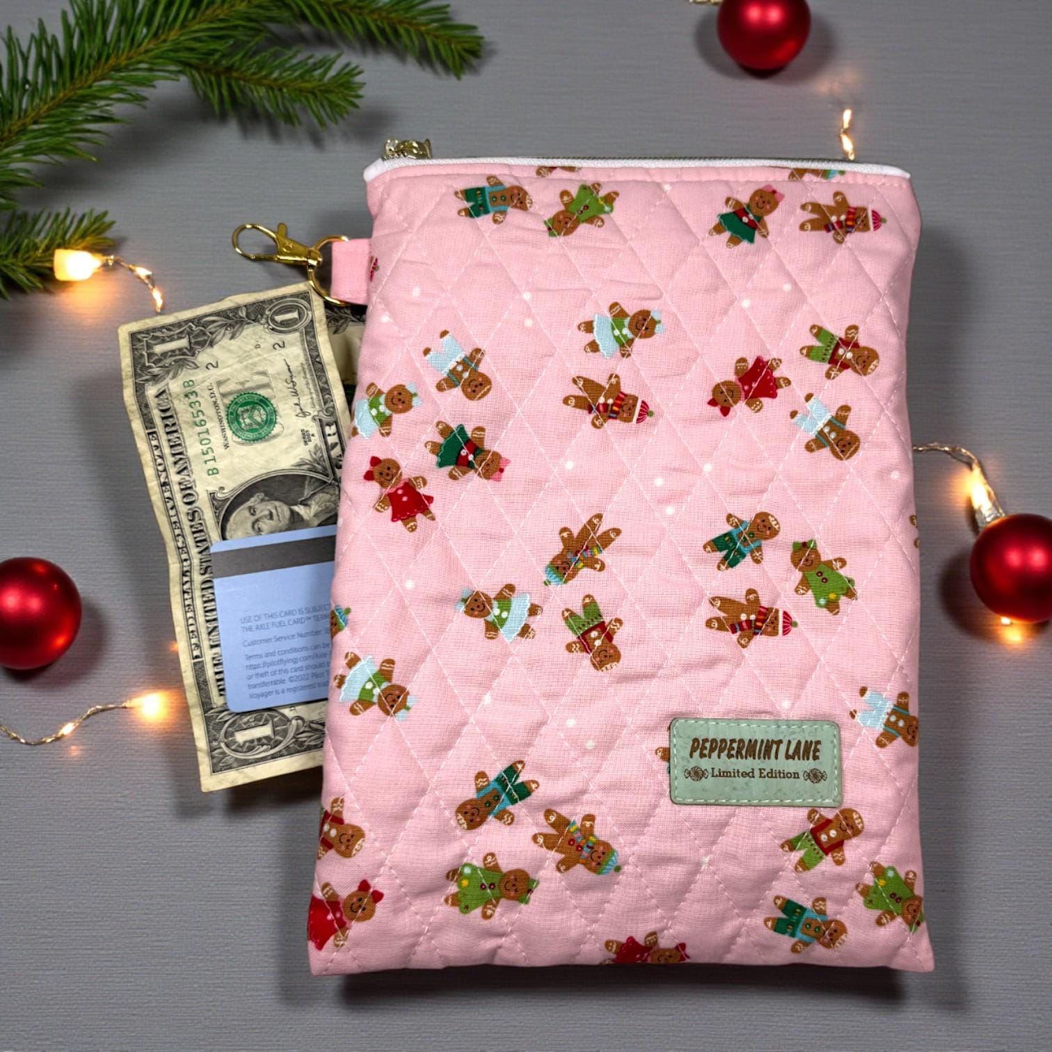 Quilted Tablet Sleeve 7×10 – Pink Gingerbread – Peppermint Lane – Padded iPad Mini & Kindle Case with Gold Zipper Interior Pocket