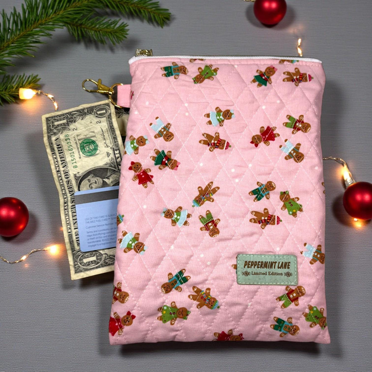 Pink Gingerbread Kindle Sleeve, Quilted E-Reader Case, iPad Mini Sleeve, Christmas Book Lover Gift, Peppermint Lane