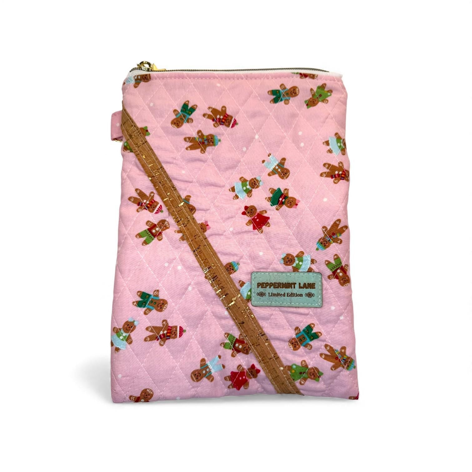 Pink Gingerbread Kindle Sleeve – 7x10 Quilted iPad Mini Case – Gold Zipper – Interior Pocket – Padded Tablet Cover