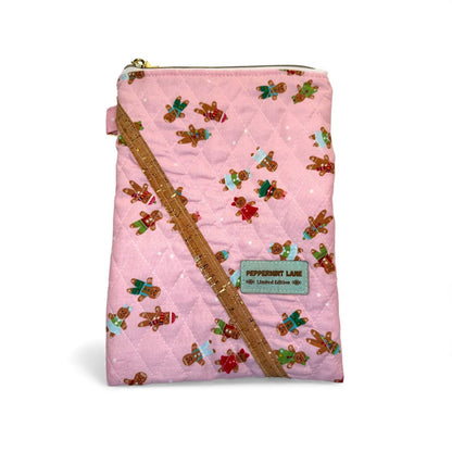 Pink Gingerbread Kindle Sleeve, Quilted E Reader Case, iPad Mini Sleeve, Christmas Book Sleeve, Peppermint Lane