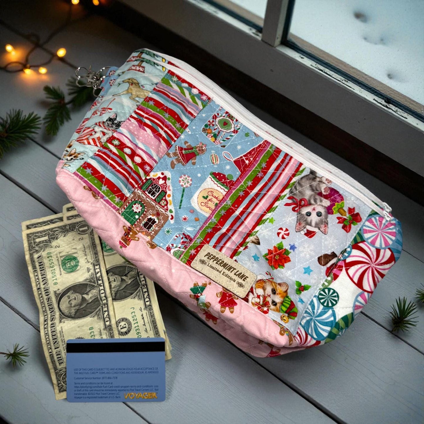 Large Quilted Patchwork Pouch 12×8 – Peppermint Lane – Holiday Bag with Inside Pocket & Swivel Hook – Knitting And Crochet Project Bag