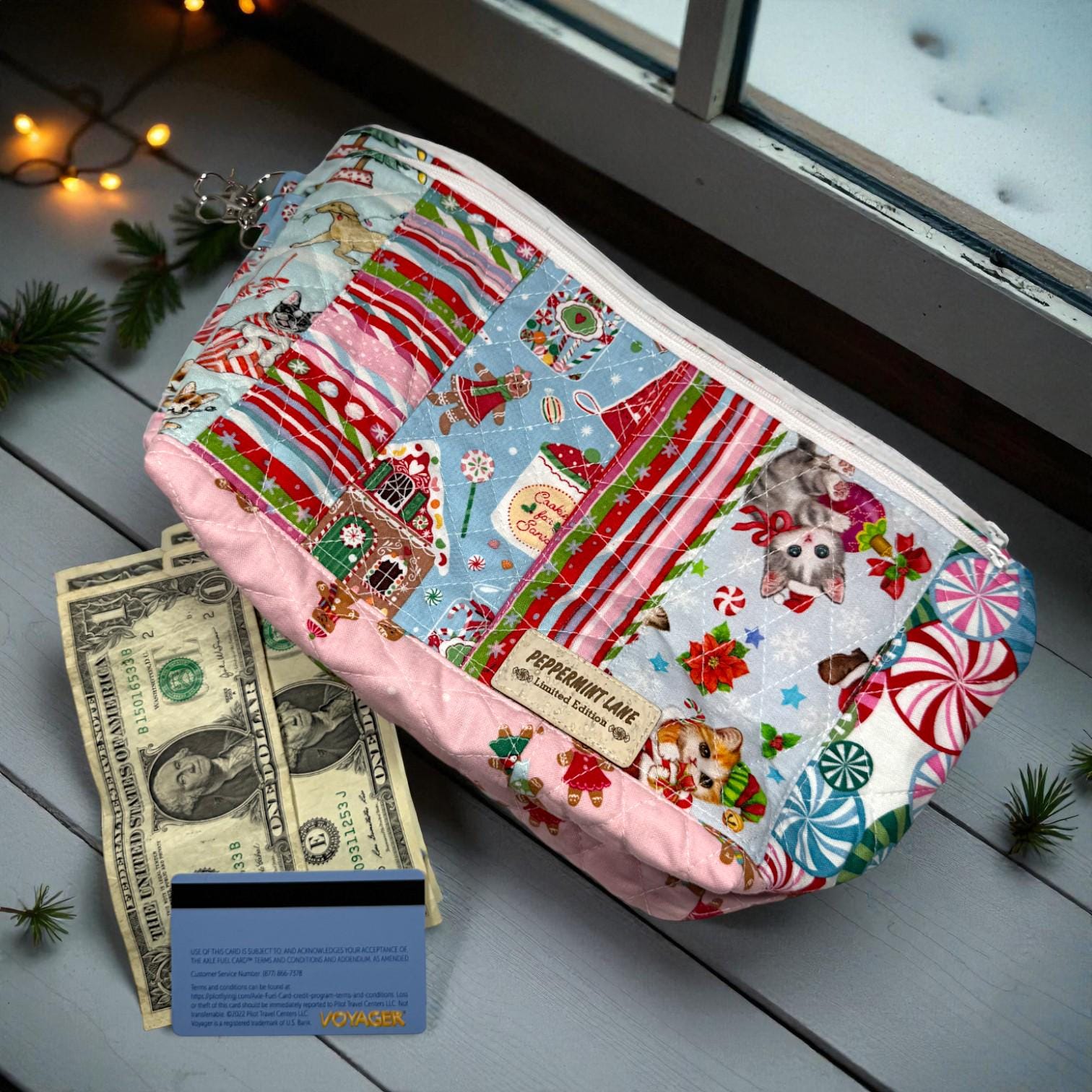 Large Quilted Patchwork Pouch 12×8 – Peppermint Lane – Holiday Bag with Inside Pocket & Swivel Hook – Knitting And Crochet Project Bag