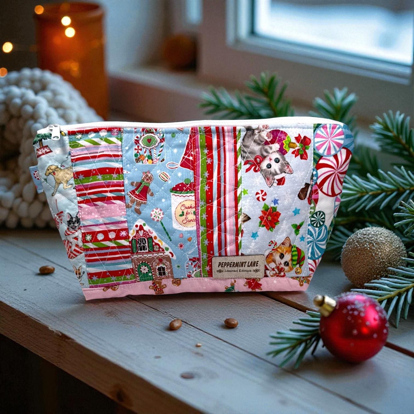 Large Quilted Patchwork Pouch 12×8 – Peppermint Lane – Holiday Bag with Inside Pocket & Swivel Hook – Knitting And Crochet Project Bag