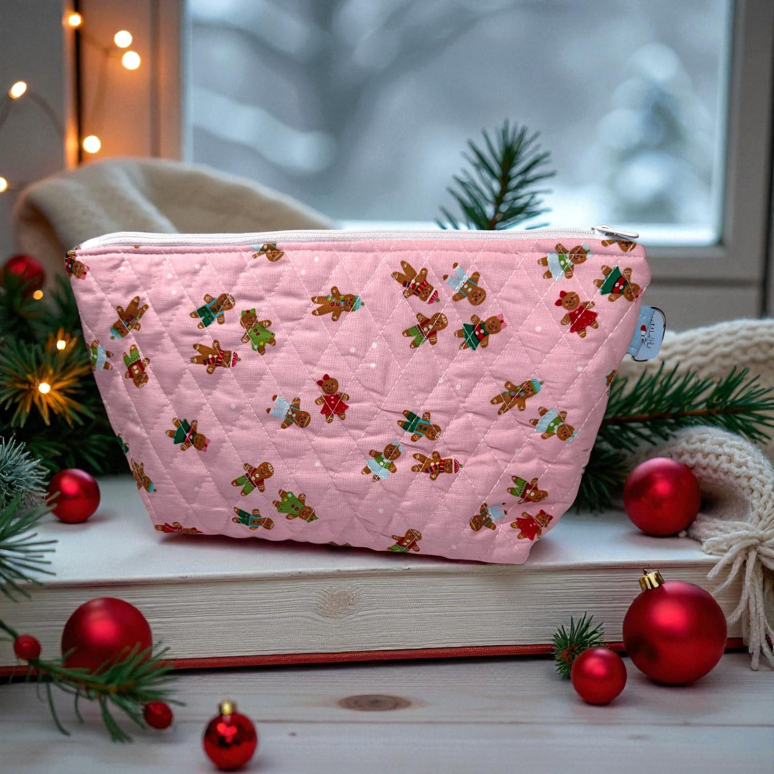 Large Quilted Patchwork Pouch 12×8 – Peppermint Lane – Holiday Bag with Inside Pocket & Swivel Hook – Knitting And Crochet Project Bag