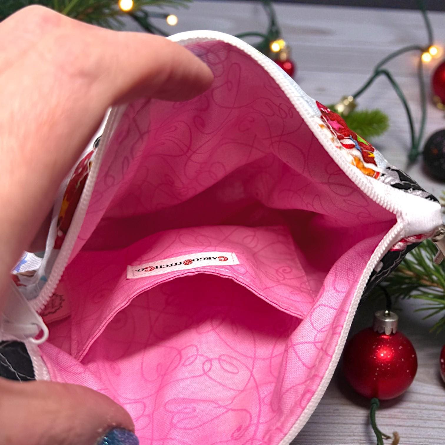 Large Quilted Patchwork Pouch 12×8 – Peppermint Lane – Holiday Bag with Inside Pocket & Swivel Hook – Knitting And Crochet Project Bag