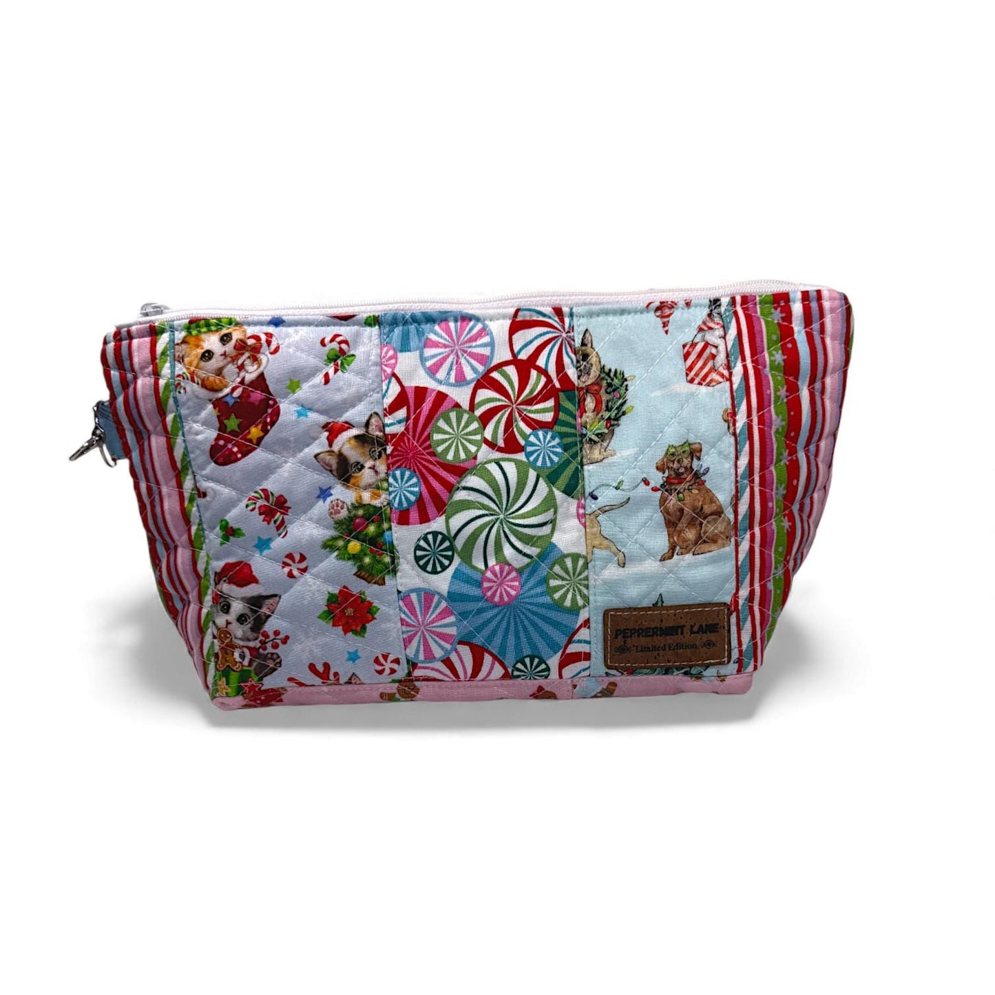 Large Quilted Patchwork Pouch 12×8 – Peppermint Lane – Cats Dogs Holiday Bag – Boxed Bottom, Inside Pocket, Swivel Hook – Craft Project Bag