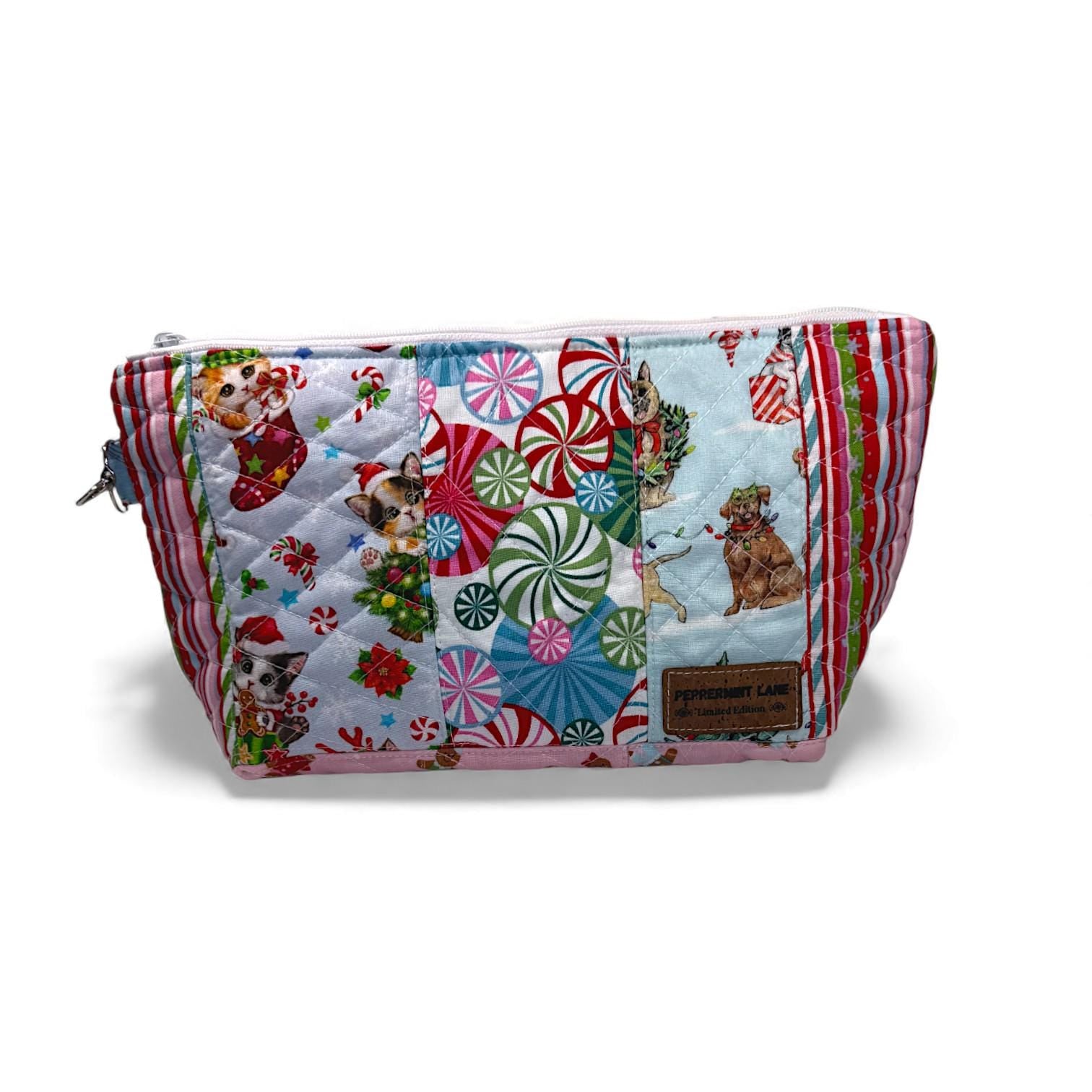 Large Quilted Patchwork Pouch 12×8 – Peppermint Lane – Cats Dogs Holiday Bag – Boxed Bottom, Inside Pocket, Swivel Hook – Craft Project Bag