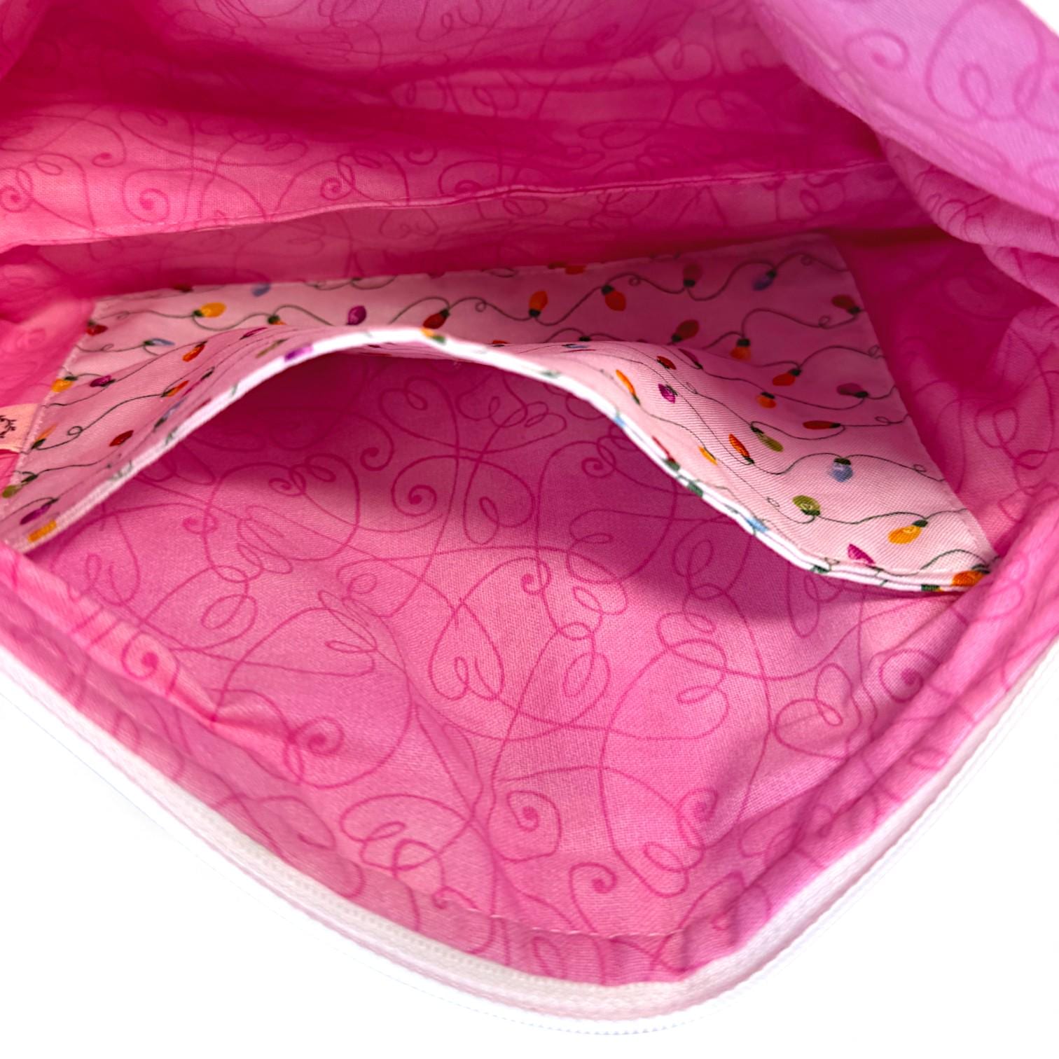 Large Quilted Patchwork Pouch 12×8 – Peppermint Lane – Cats Dogs Holiday Bag – Boxed Bottom, Inside Pocket, Swivel Hook – Craft Project Bag