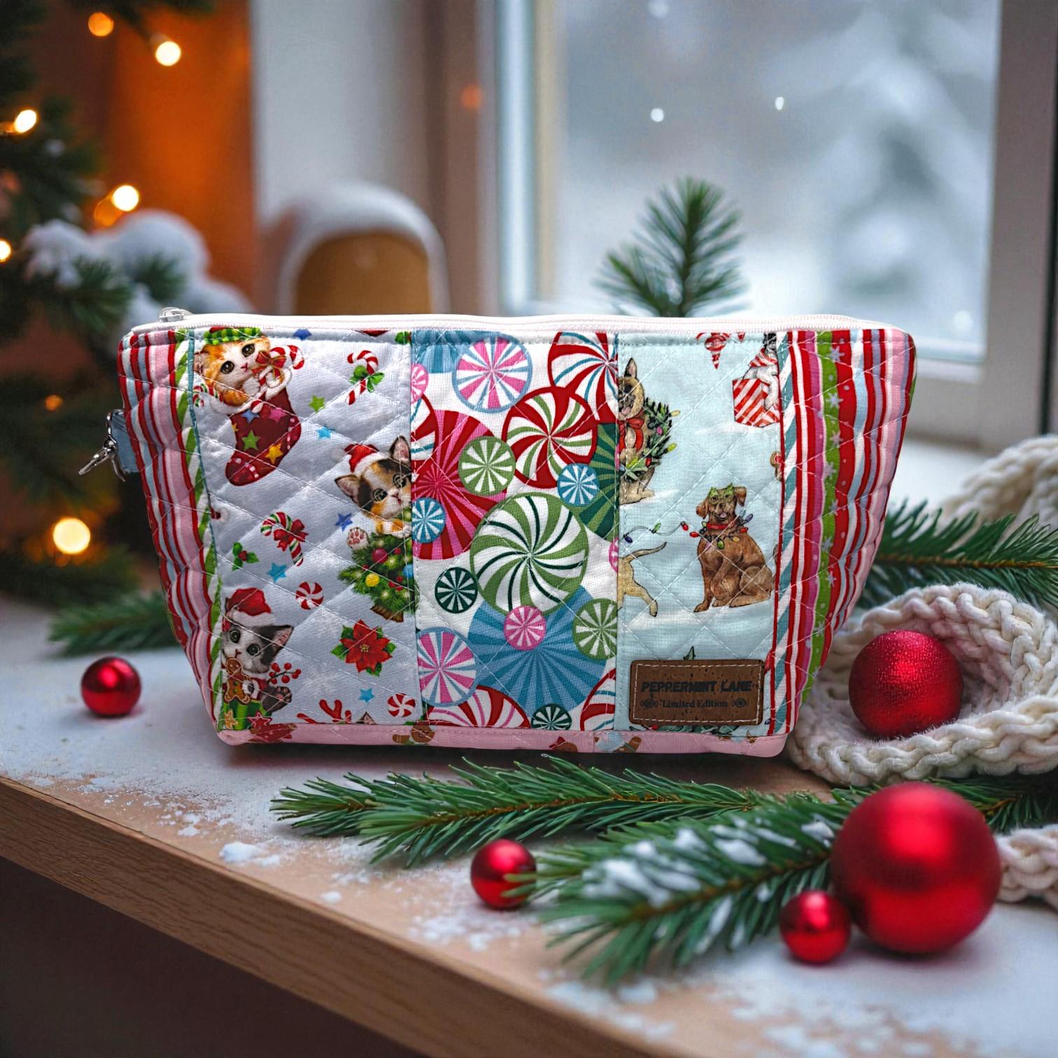 Large Quilted Patchwork Pouch 12×8 – Peppermint Lane – Cats Dogs Holiday Bag – Boxed Bottom, Inside Pocket, Swivel Hook – Craft Project Bag