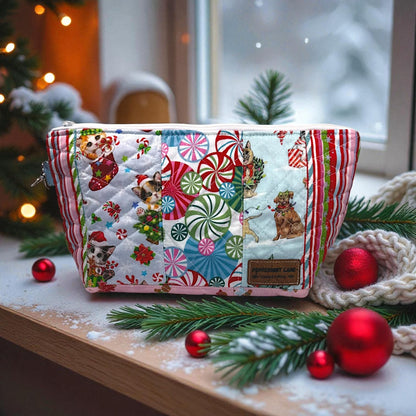 Peppermint Lane Quilted Zipper Pouch | Large Christmas Patchwork Bag | Handmade Scrap Series | Makeup Craft Travel Bag