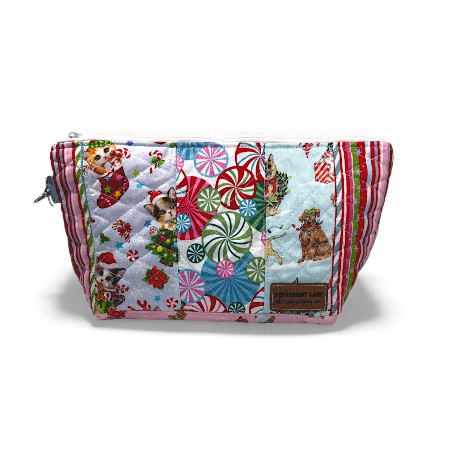 Large Quilted Patchwork Pouch 12×8 – Peppermint Lane – Cats Dogs Holiday Bag – Boxed Bottom, Inside Pocket, Swivel Hook – Craft Project Bag