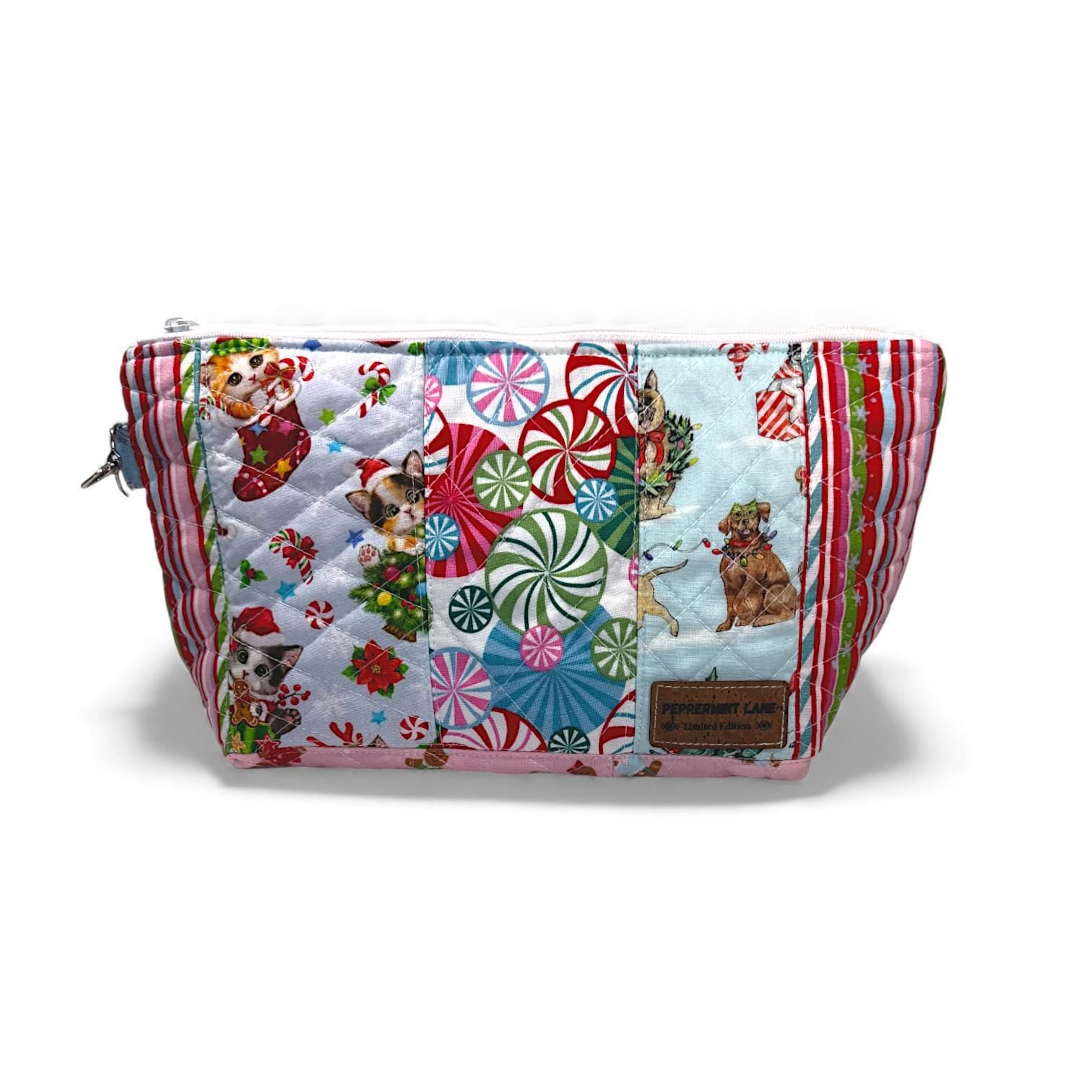 Large Quilted Patchwork Pouch 12×8 – Peppermint Lane – Cats Dogs Holiday Bag – Boxed Bottom, Inside Pocket, Swivel Hook – Craft Project Bag
