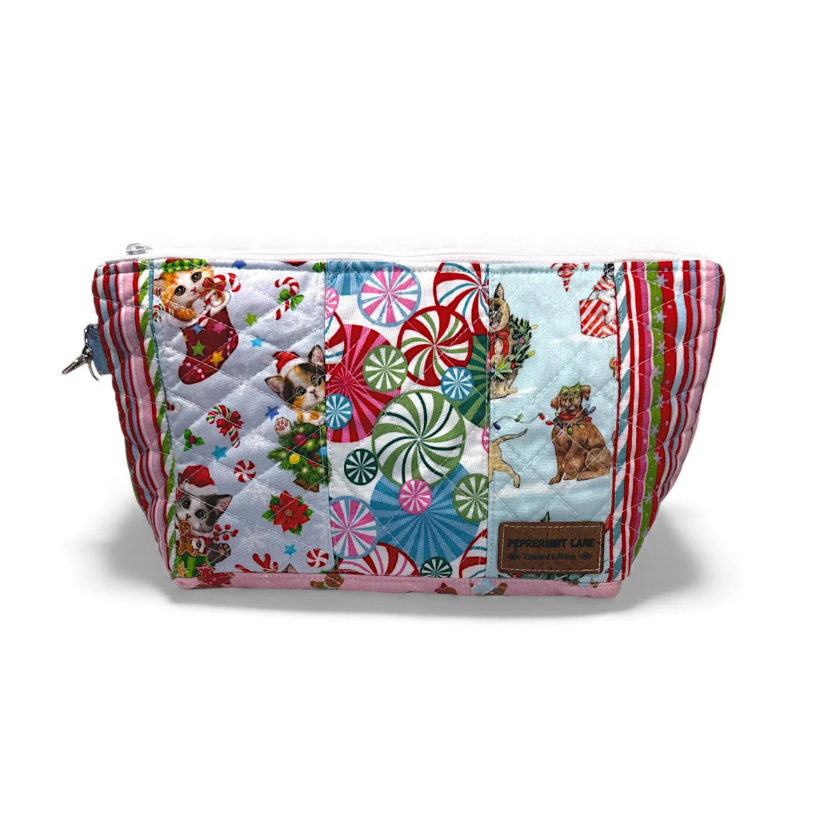 Peppermint Lane Quilted Zipper Pouch | Large Christmas Patchwork Bag | Handmade Scrap Series | Makeup Craft Travel Bag