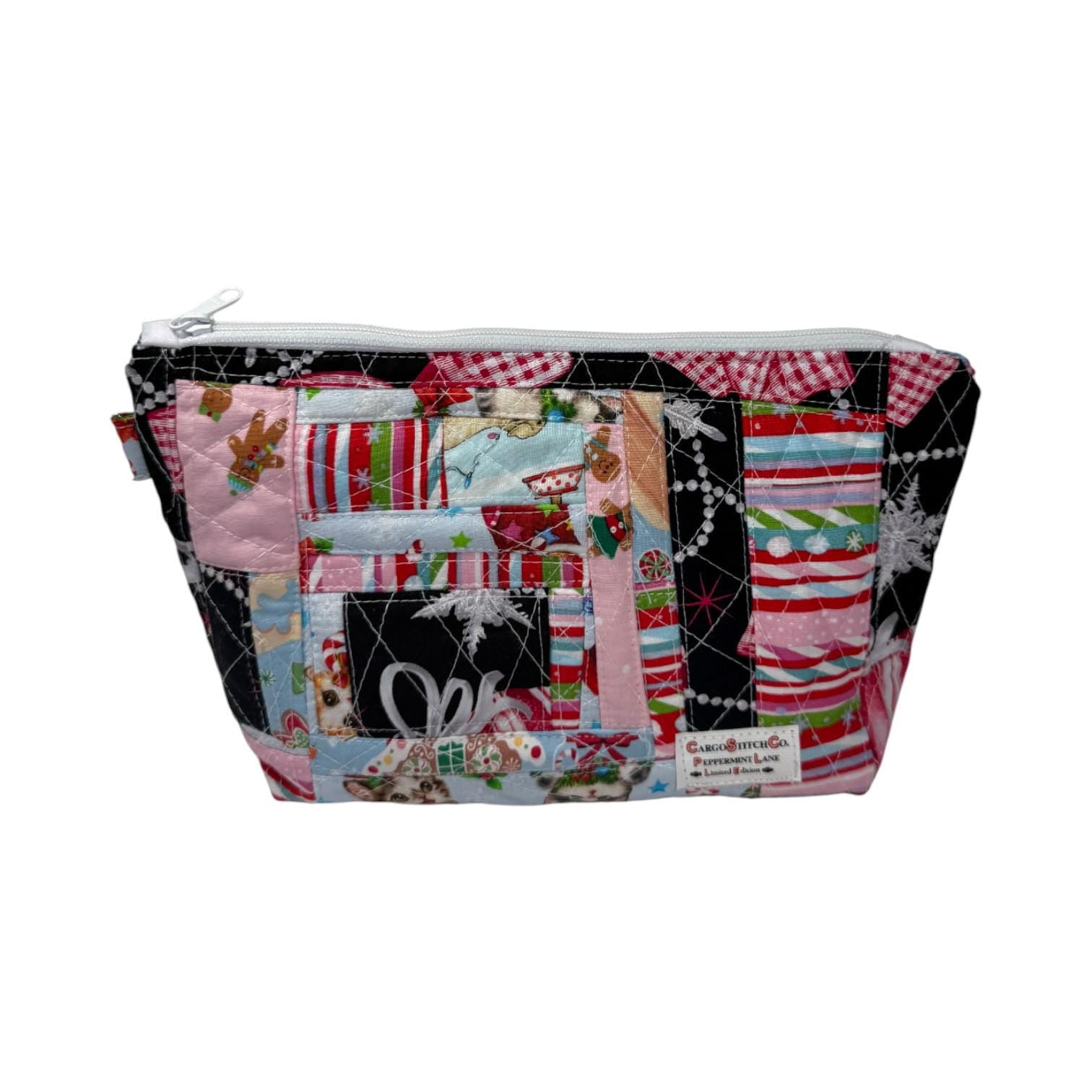 Quilted Patchwork Pouch 10×7.5 – Peppermint Lane Holiday Bag – Boxed Bottom, Inside Pocket & Swivel Hook – Limited Edition