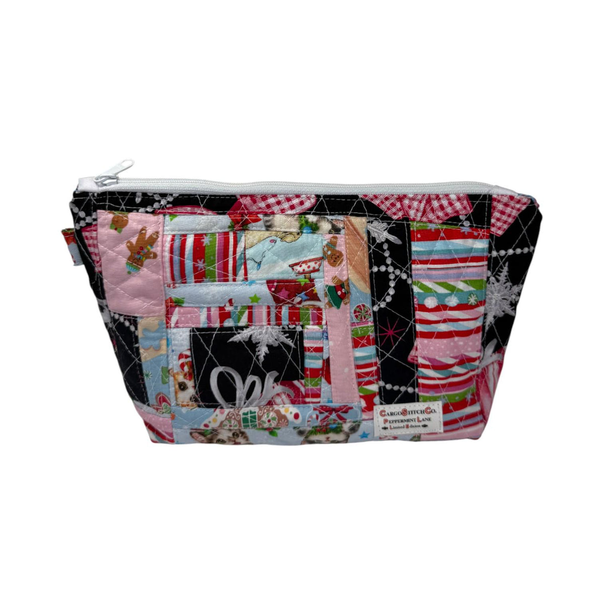 Peppermint Lane Patchwork Quilted Bag, Christmas Zipper Pouch, Handmade Holiday Makeup Bag, Travel & Craft Organizer, Limited Edition
