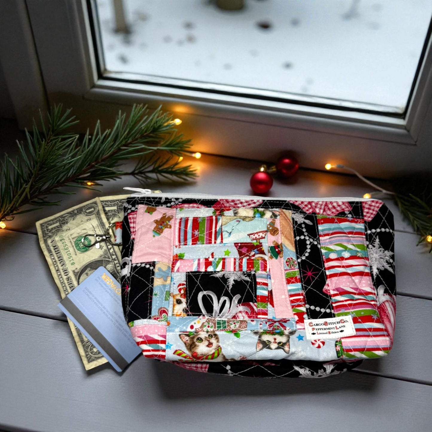 Quilted Patchwork Pouch 10×7.5 – Peppermint Lane Holiday Bag – Boxed Bottom, Inside Pocket & Swivel Hook – Limited Edition