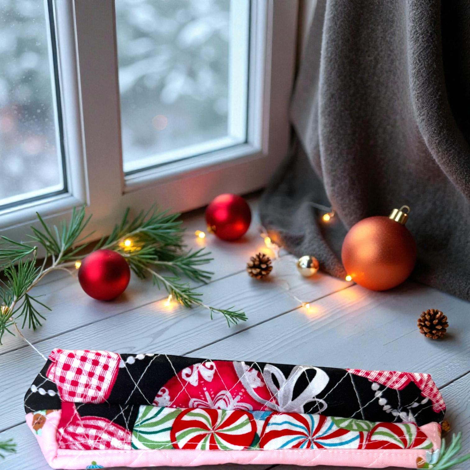 Quilted Makeup Pouch – 8x6 Zipper Bag with Pink Lining & Pocket – Holiday Organizer – Peppermint Lane Limited Edition