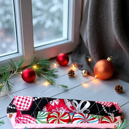 Peppermint Lane Quilted Christmas Pouch, Holiday Cat Zipper Bag, Handmade Makeup & Project Bag, Limited Edition