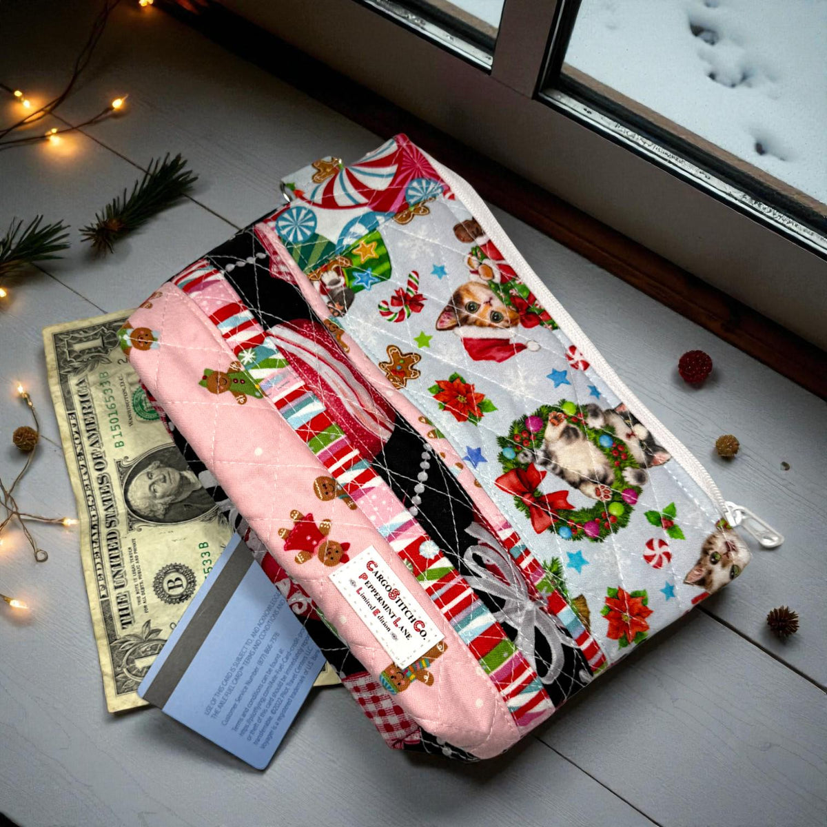 Peppermint Lane Quilted Christmas Pouch, Holiday Cat Zipper Bag, Handmade Makeup & Project Bag, Limited Edition