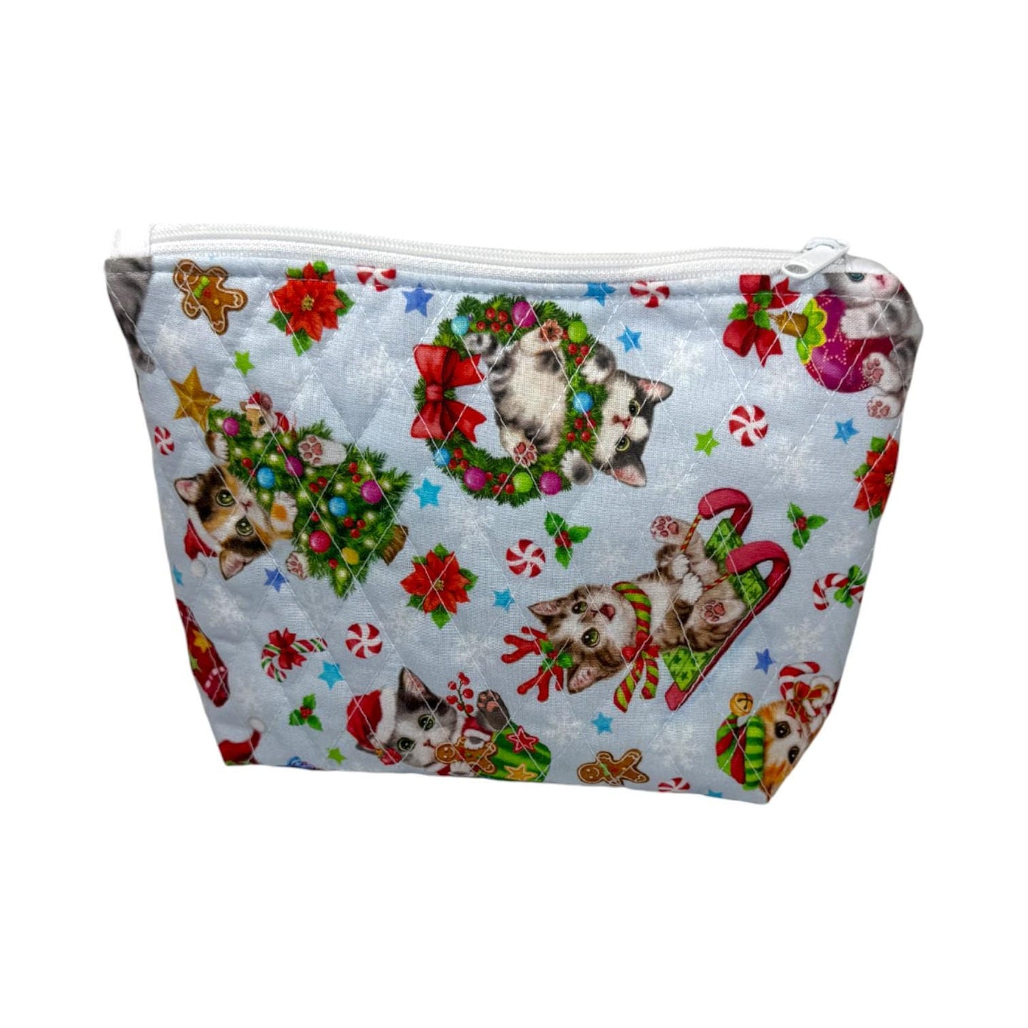 Quilted Pouch 8×6×2 – Holiday Cat Print – Peppermint Lane Limited Edition Bag – White Lights Lining – Boxed Bottom & Slip Pocket