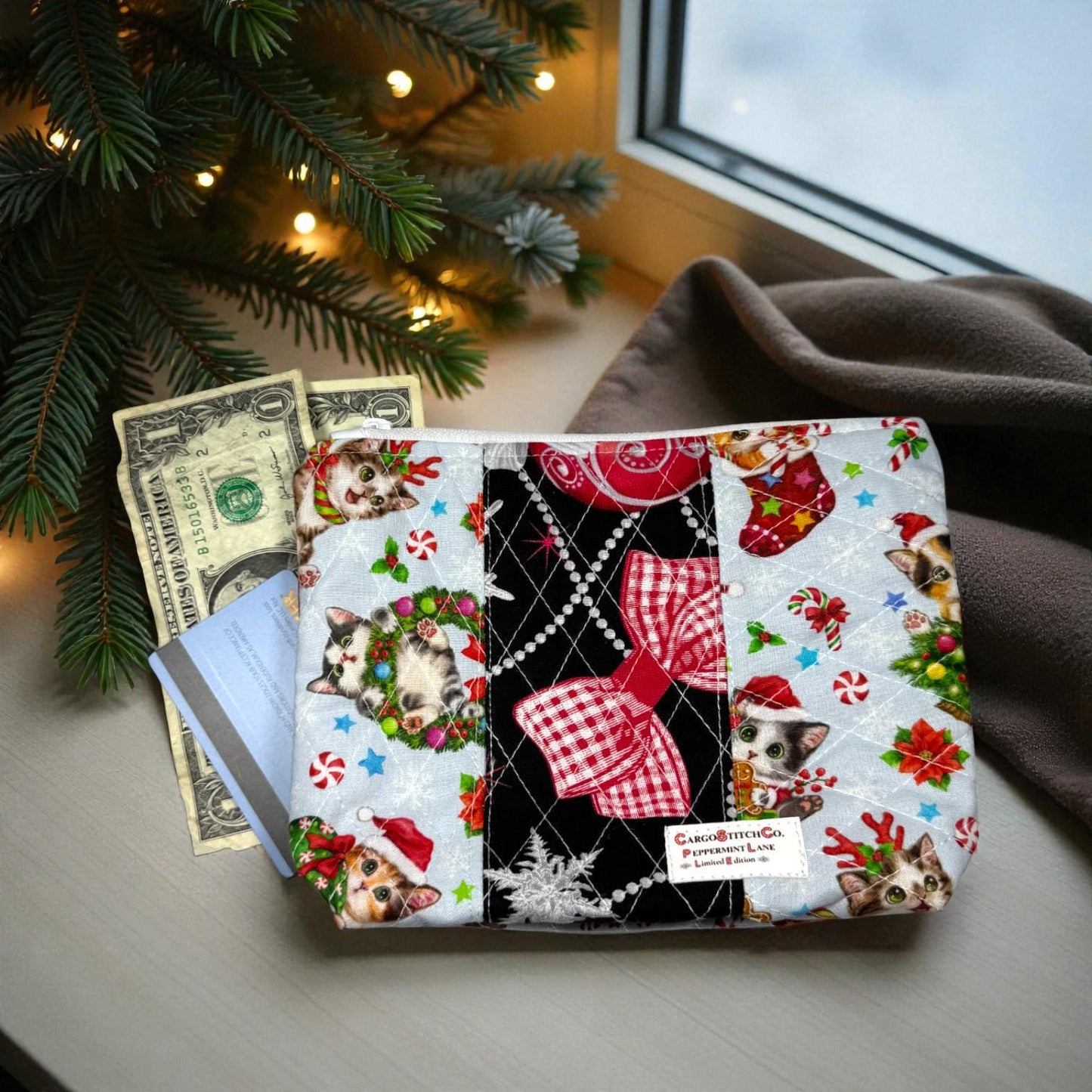 Quilted Pouch 8×6×2 – Holiday Cat Print – Peppermint Lane Limited Edition Bag – White Lights Lining – Boxed Bottom & Slip Pocket