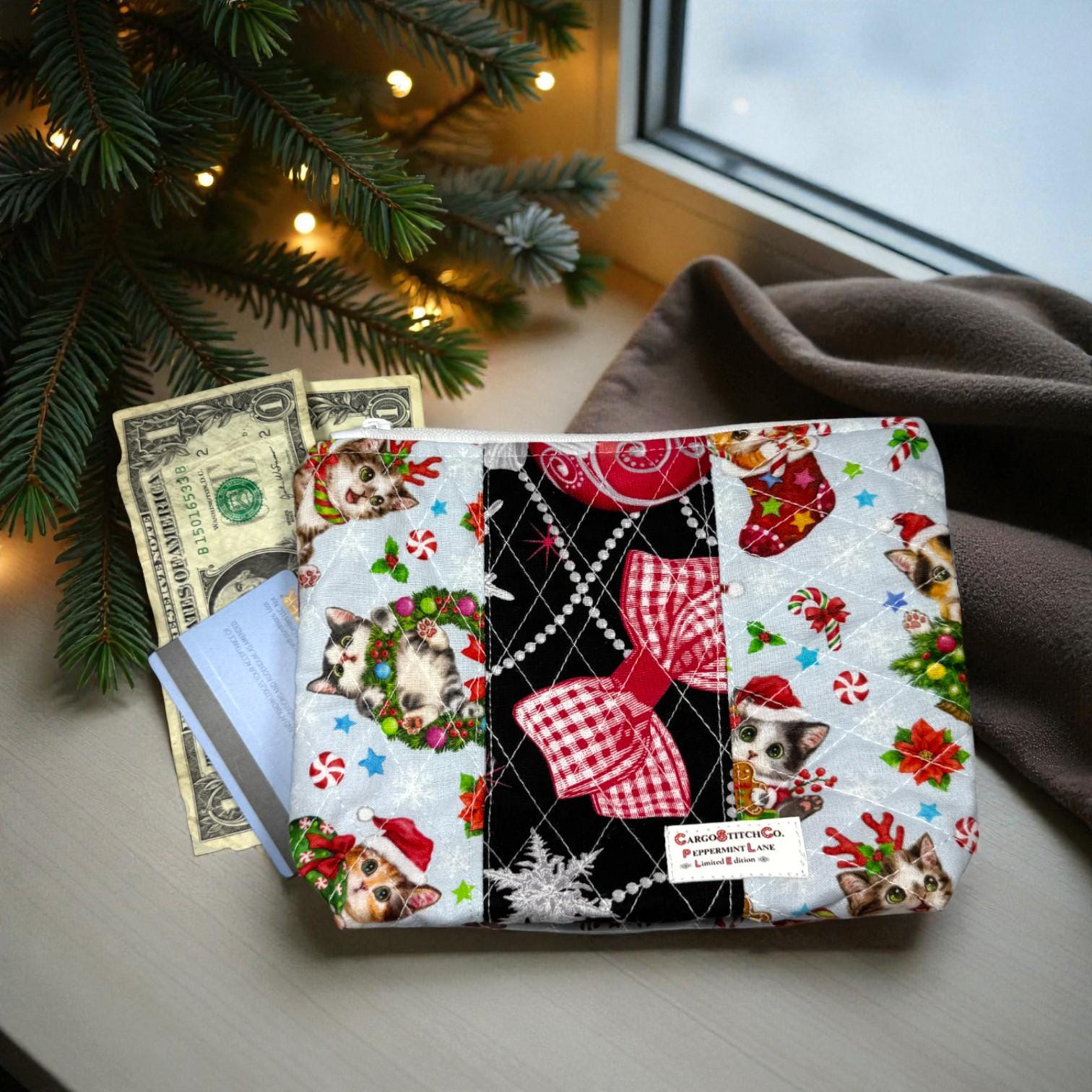 Quilted Pouch 8×6×2 – Holiday Cat Print – Peppermint Lane Limited Edition Bag – White Lights Lining – Boxed Bottom & Slip Pocket