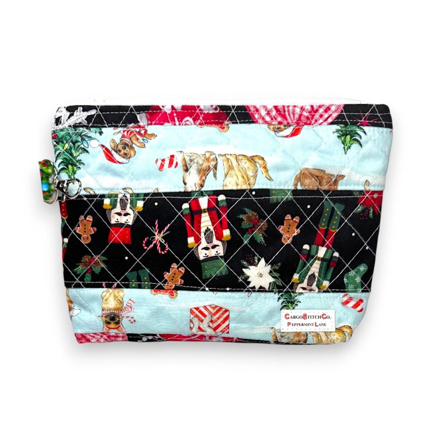Quilted Patchwork Pouch – 8.5x7 Quilted Holiday Bag, Teacher Gift, Slip Pocket & Swivel Clip – Peppermint Lane Limited Edition