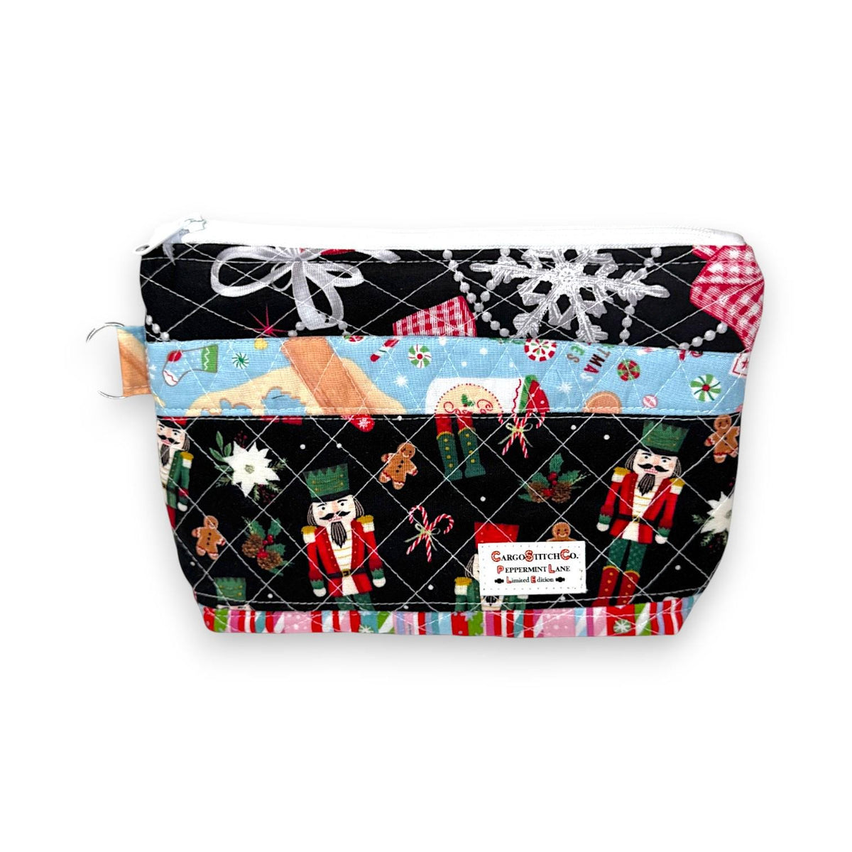 Christmas Patchwork Zipper Pouch, Quilted Organizer Bag with Pockets, Handmade Christmas Gift, Peppermint Lane