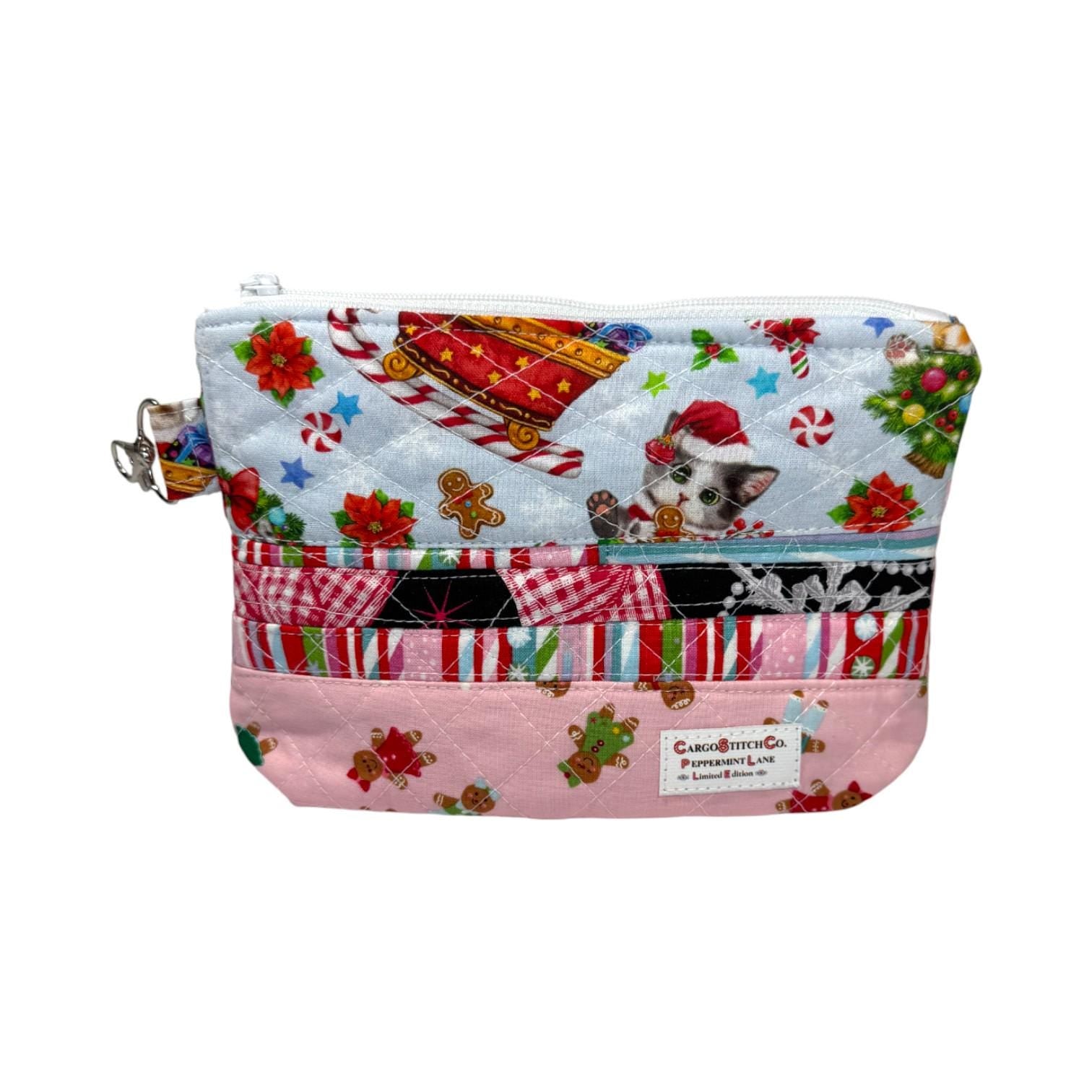 Quilted Pouch 8×6 – Peppermint Lane – Holiday Bag with Blue Lining, Slip Pocket & Swivel Hook – Limited Edition Gift