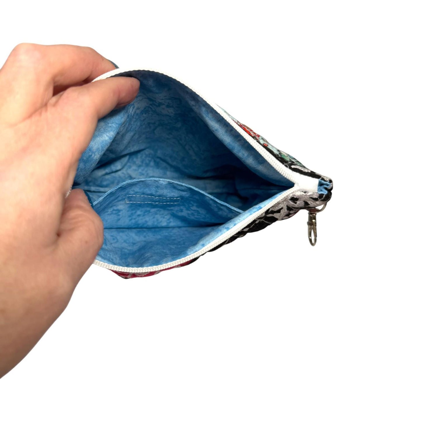 Quilted Pouch 8×6 – Peppermint Lane – Holiday Bag with Blue Lining, Slip Pocket & Swivel Hook – Limited Edition Gift