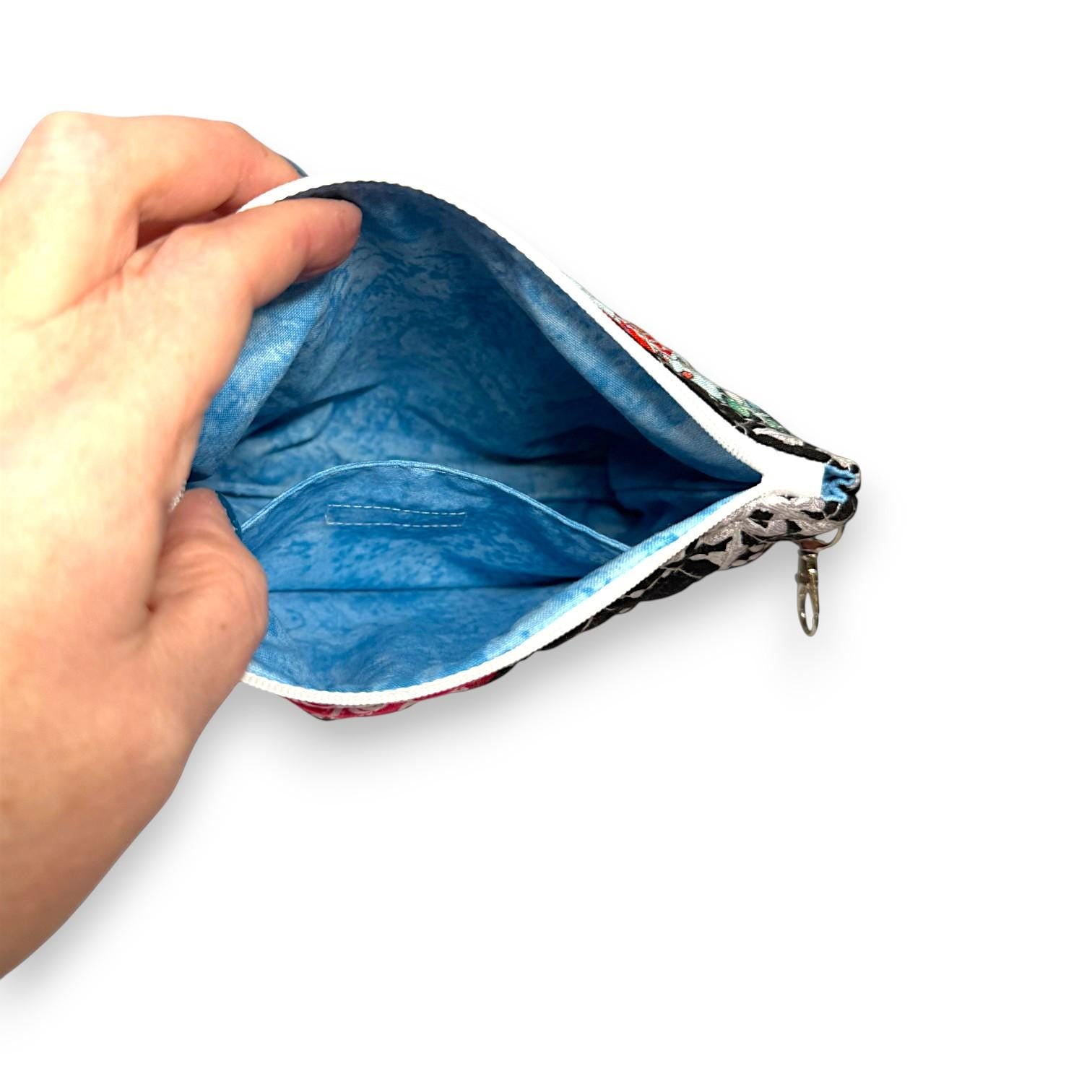 Quilted Pouch 8×6 – Peppermint Lane – Holiday Bag with Blue Lining, Slip Pocket & Swivel Hook – Limited Edition Gift