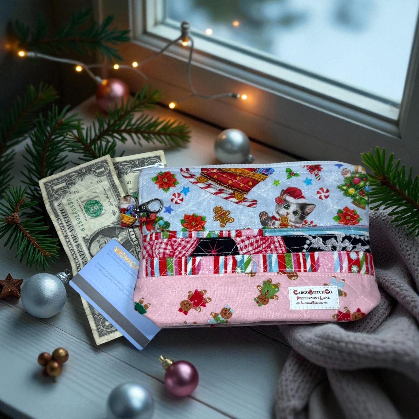 Quilted Pouch 8×6 – Peppermint Lane – Holiday Bag with Blue Lining, Slip Pocket & Swivel Hook – Limited Edition Gift