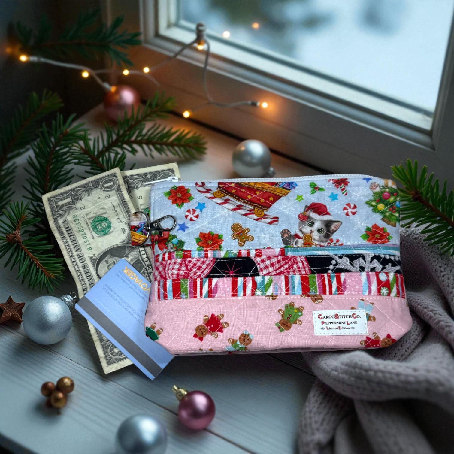 Quilted Pouch 8×6 – Peppermint Lane – Holiday Bag with Blue Lining, Slip Pocket & Swivel Hook – Limited Edition Gift