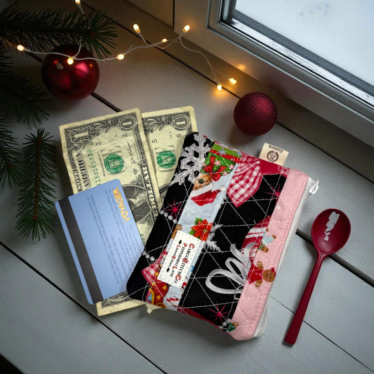 Christmas Patchwork Zipper Pouch, Quilted Mini Pouch, Handmade Stocking Stuffer, Peppermint Lane Scrap Series