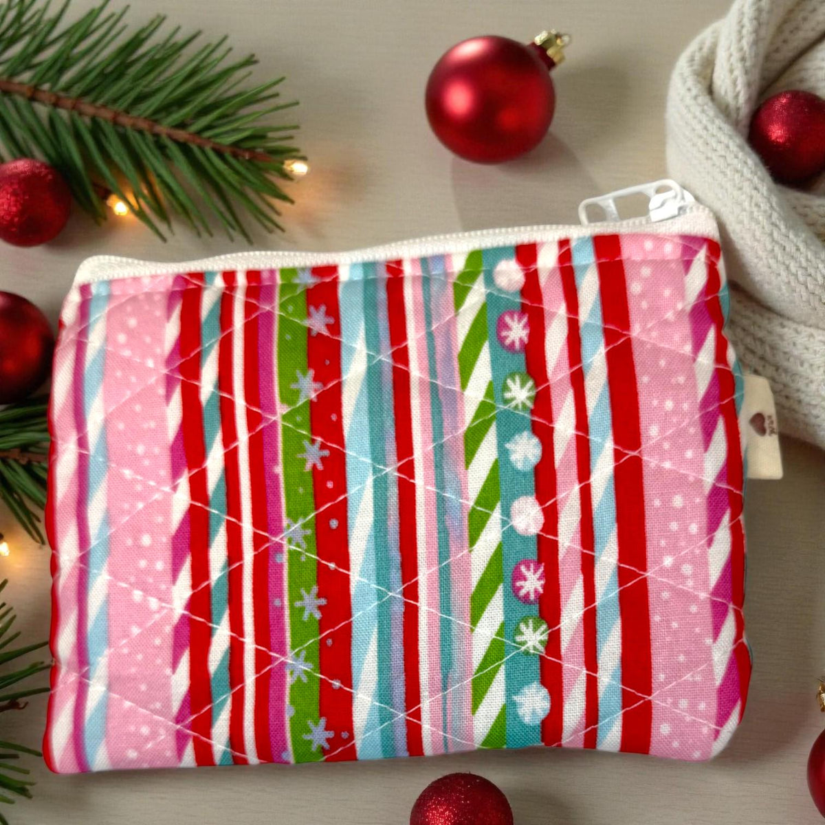 Christmas Patchwork Zipper Pouch, Quilted Mini Pouch, Handmade Stocking Stuffer, Peppermint Lane Scrap Series