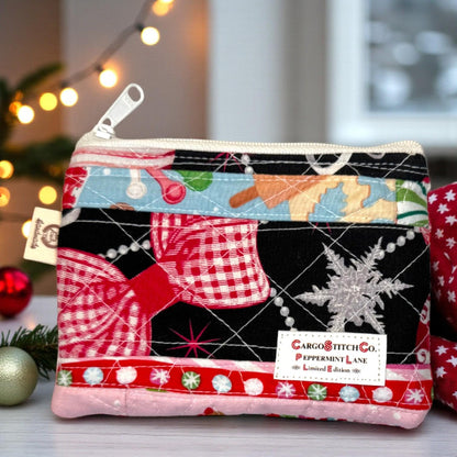 Peppermint Lane Mini Quilted Zipper Pouch, Christmas Patchwork Coin Purse, Gift Card Holder, Stocking Stuffer
