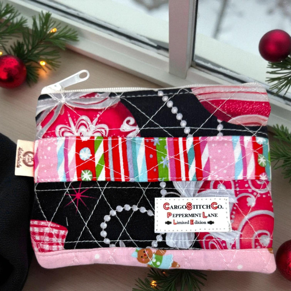 Peppermint Lane Mini Quilted Zipper Pouch, Christmas Coin Purse, Patchwork Stocking Stuffer, Small Holiday Gift