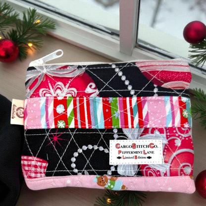 Peppermint Lane Mini Quilted Zipper Pouch, Christmas Coin Purse, Patchwork Stocking Stuffer, Small Holiday Gift