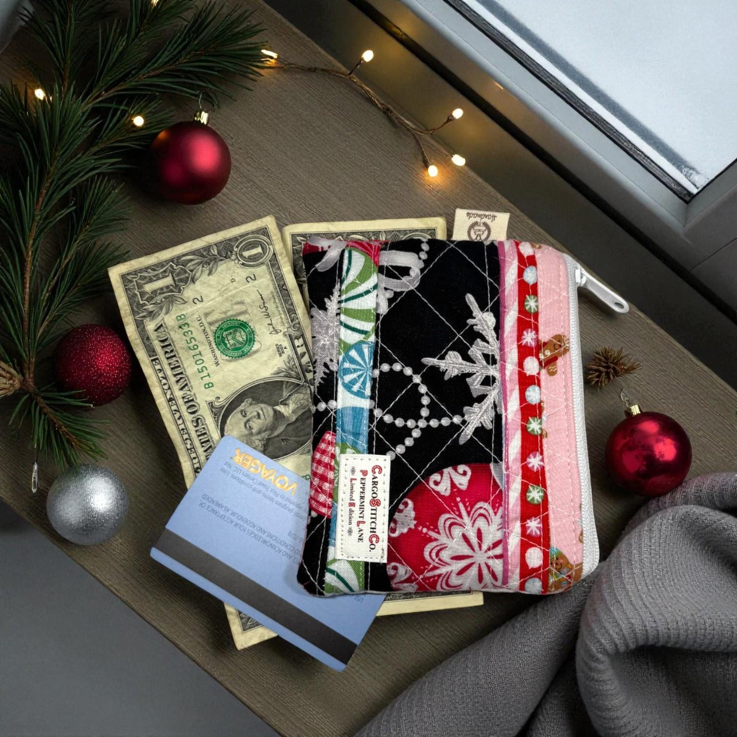 Mini Quilted Pouch – Peppermint Lane 5x4 Patchwork Holiday Coin Purse, Cash Wallet, Card Holder – Limited Edition