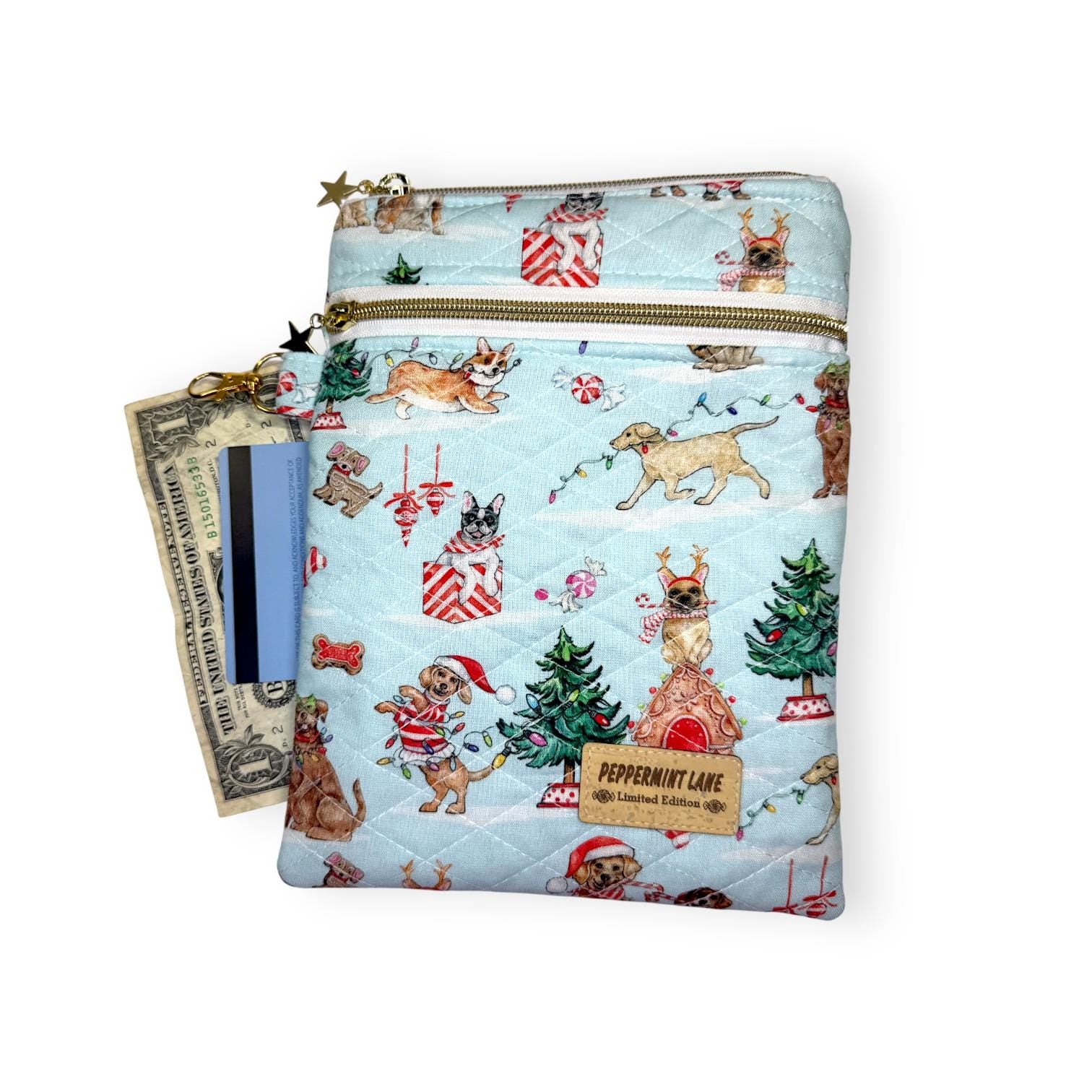 Quilted Kindle Sleeve 9.5×7 – Holiday Dogs – Peppermint Lane Limited Edition E-Reader Case – Slip Pocket + Zipper Pocket – Gold Hardware