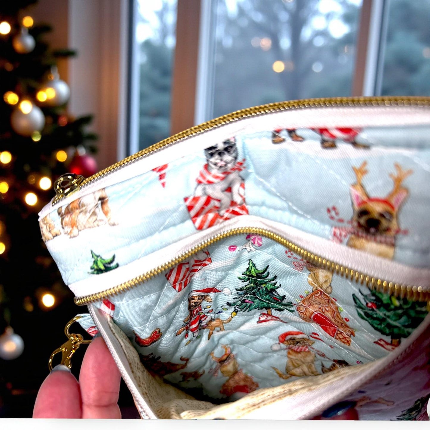 Quilted Kindle Sleeve 9.5×7 – Holiday Dogs – Peppermint Lane Limited Edition E-Reader Case – Slip Pocket + Zipper Pocket – Gold Hardware