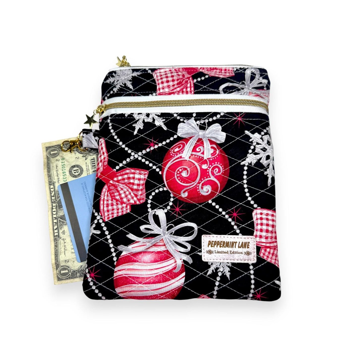 Quilted Kindle Sleeve 9.5×7 – Ornament Print – Peppermint Lane Limited Edition E-Reader Case – Zipper Pocket + Gold Hardware