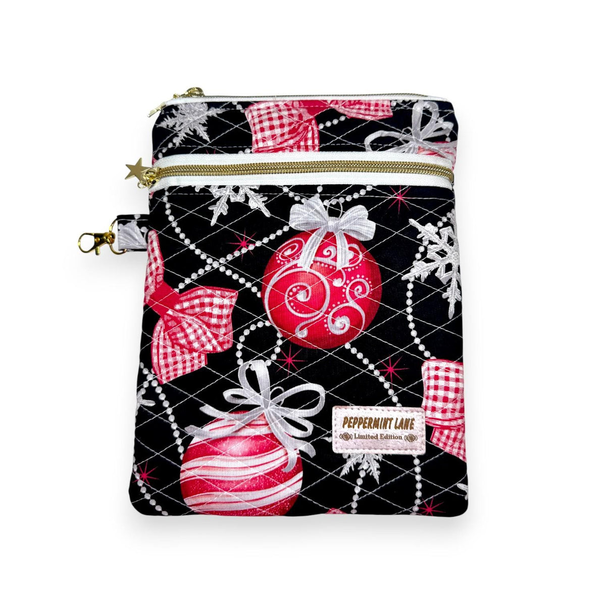 Christmas Kindle Sleeve with Pocket | Quilted E-Reader Case | Black Ornament Kindle Case | Peppermint Lane Limited Edition