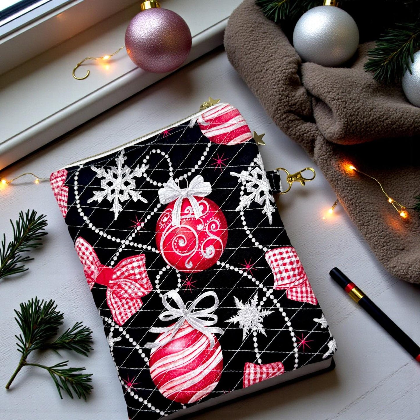 Quilted Kindle Sleeve 9.5×7 – Ornament Print – Peppermint Lane Limited Edition E-Reader Case – Zipper Pocket + Gold Hardware