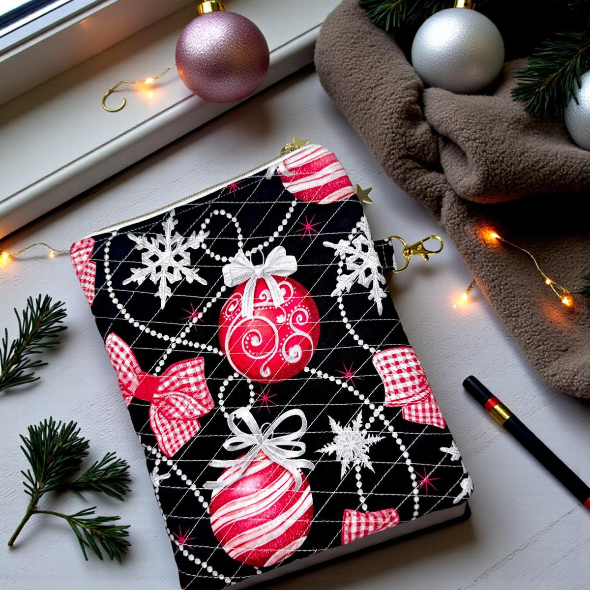 Christmas Kindle Sleeve with Pocket | Quilted E-Reader Case | Black Ornament Kindle Case | Peppermint Lane Limited Edition