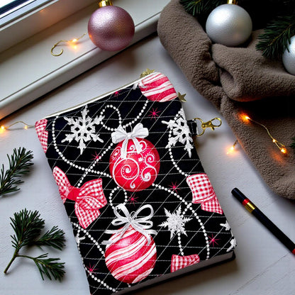 Christmas Kindle Sleeve with Pocket | Quilted E-Reader Case | Black Ornament Kindle Case | Peppermint Lane Limited Edition