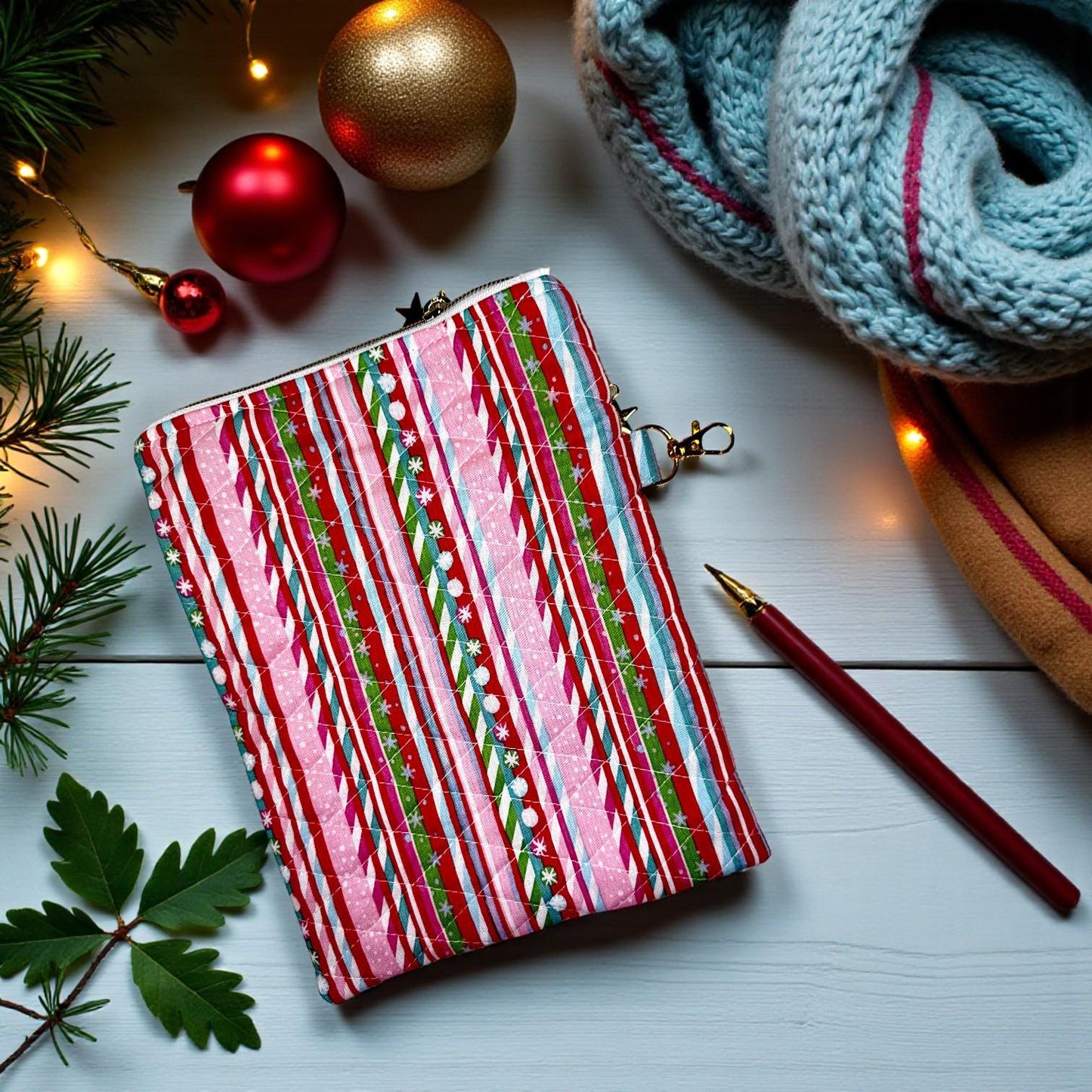 Quilted Kindle Sleeve 9.5×7 – Candy Cane Stripe – Peppermint Lane Limited Edition Holiday E-Reader Case – Slip Pocket + Zipper Pocket